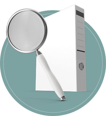 A PC and magnifying glass overlay a green circle