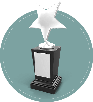 A trophy with a star on top overlays a green circle